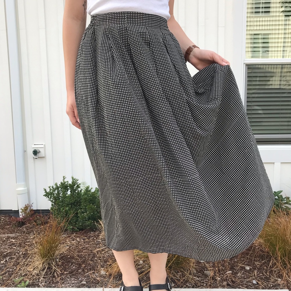 Vintage 100% Silk Black Polka Dot Midi Skirt